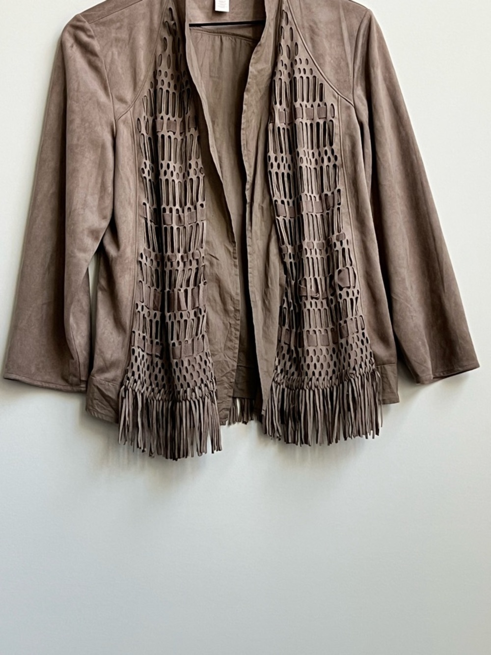 Chicos Jacket 1 US Medium Tan Faux Suede Lattice Fringe Cowgirl Boho Western - Picture 5 of 12